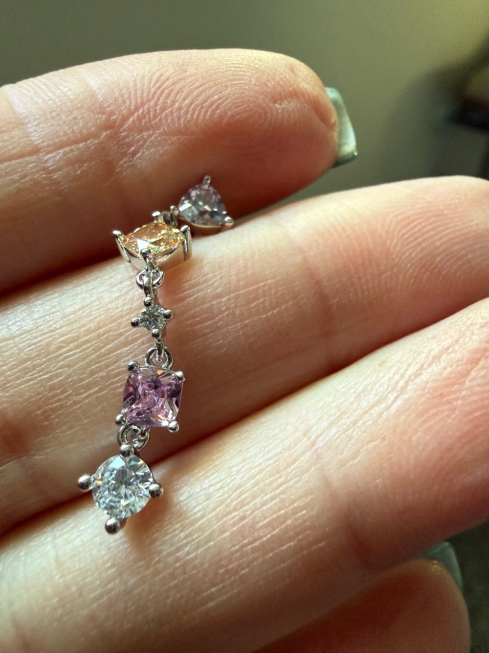 NEW! 14k White Gold Plated Multi-Stone Drop Earrings - Pink, Yellow & Clear - Picture 6 of 10